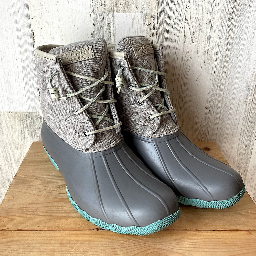 *SOLD* Sperry Turquoise and Gray Saltwater Duck Boots Size: 10 - Picture 1 of 11